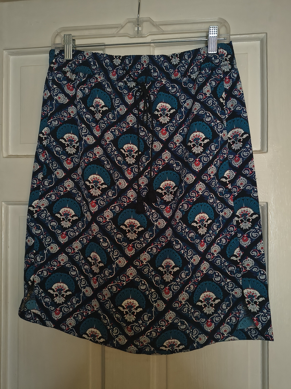 LOFT Navy Blue Patterned Drawstring A-Line Skirt